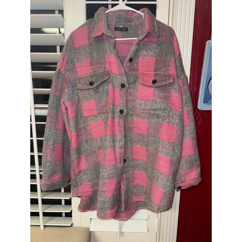 Coeur de Vague Plaid Shacket Oversized Button Front Jacket Pink Gray XL